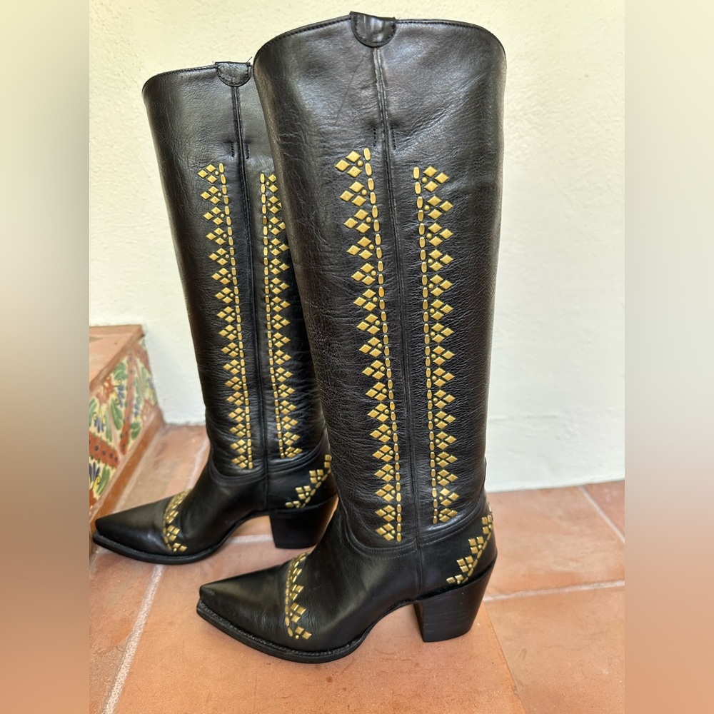 Calleen Cordero women’s black cowboy boot w/ brass diamond embellishment Size 6 - Picture 2 of 13